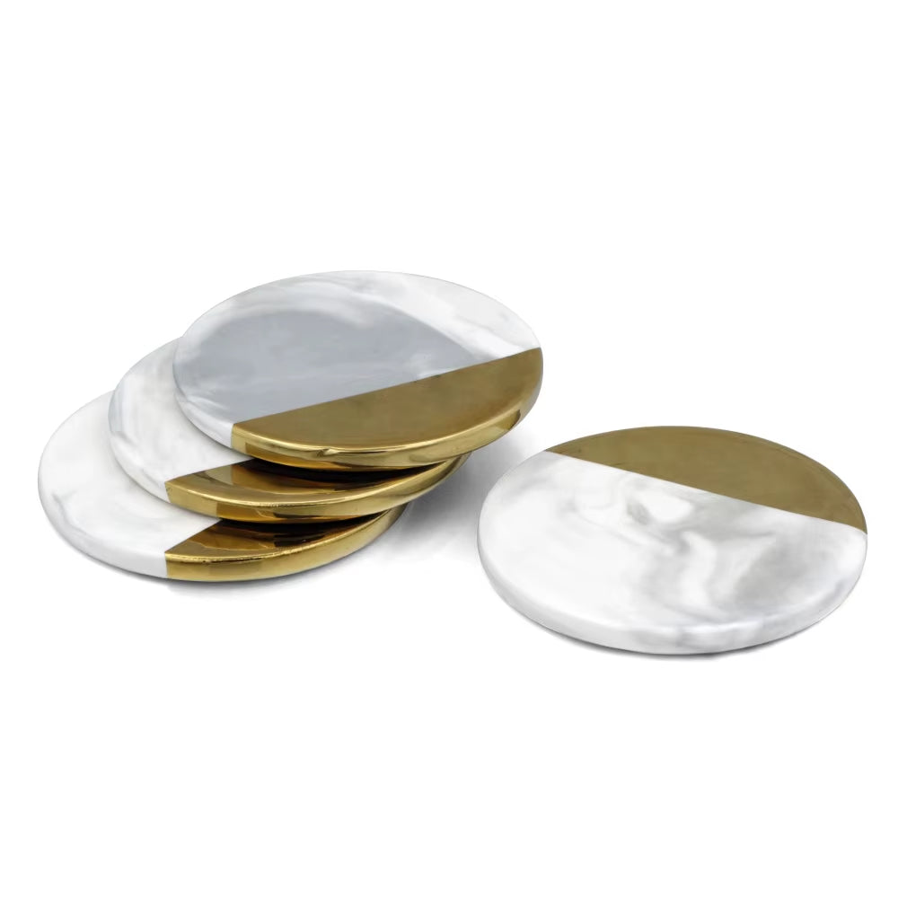 Gilded Marble Coasters, round, white and gold