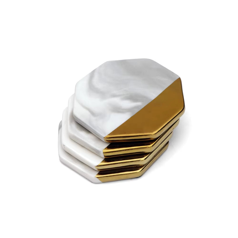 Gilded Marble Coasters, octagonal, white and gold