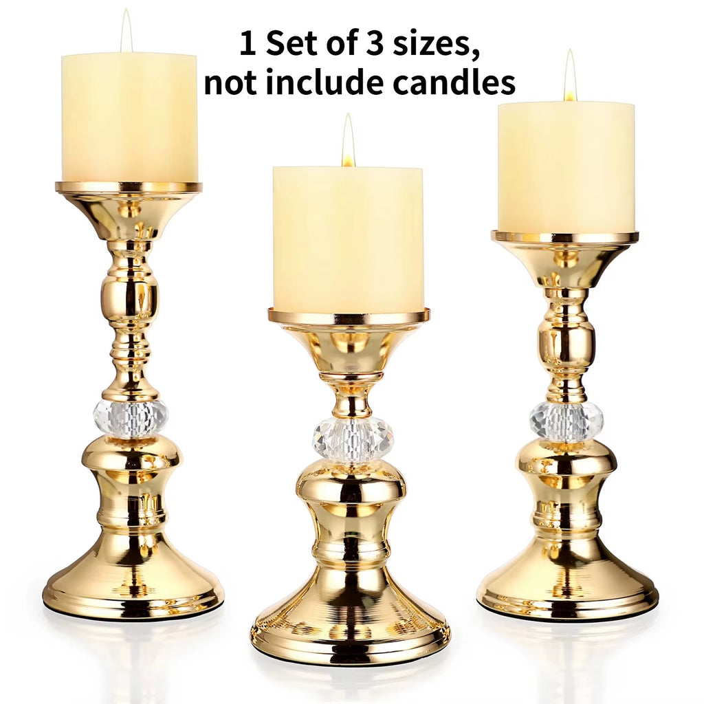 Gilded Crystal Pillar Candle Holders, set of 3